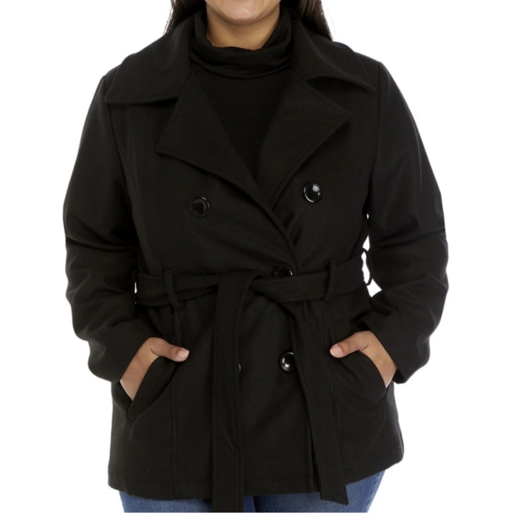 ME JANE Black Double Breasted Belted Peacoat Jacket Women's Size 1X